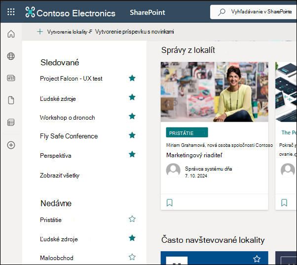 Domovská stránka SharePointu Online