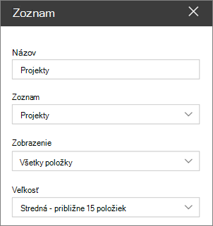 Nastavenia webovej časti Zoznam