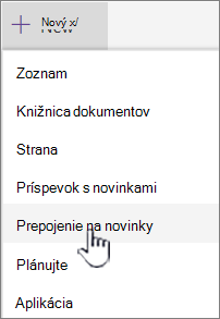 Vyberte prepojenie Správy v ponuke + Nové