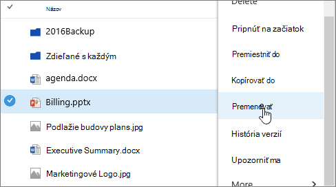 Ponuka s tromi bodkami so zvýraznenou položkou Premenovať