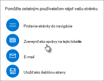 Panel Zvýšiť úroveň zobrazujúci možnosť Uverejniť ako Správy na tejto lokalite