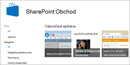 Zobrazenie výberu aplikácií v SharePoint Obchode