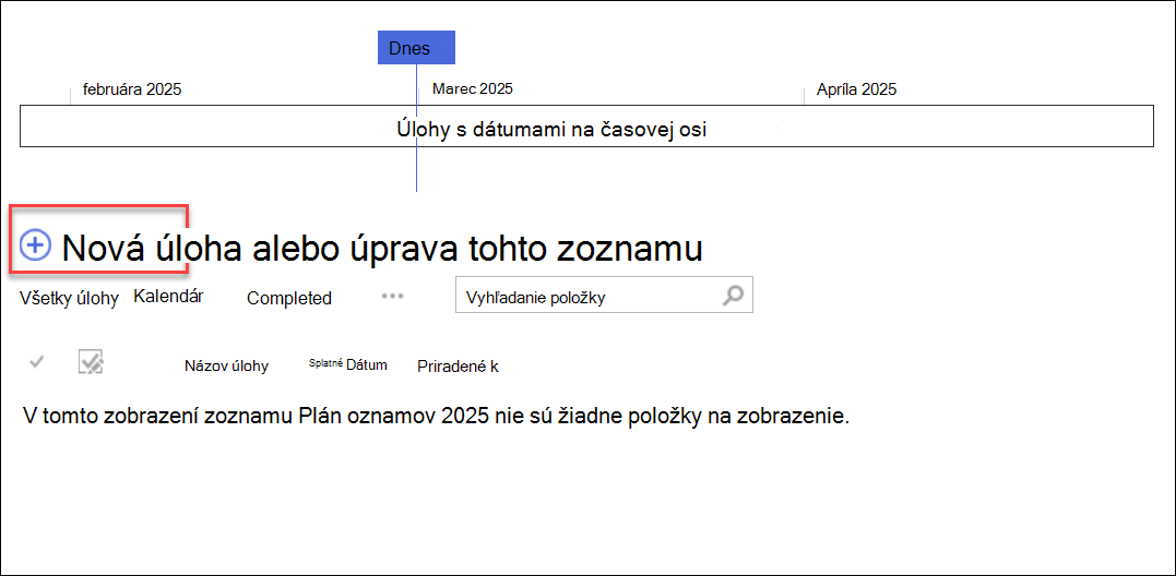 časová os úloh, kliknutím na položku Nová+ pridajte úlohy