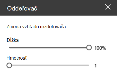 Tabla s podrobnosťami webovej časti Rozdeľovač v SharePointe Online počas úprav lokality