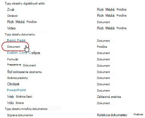 Stránka Typ obsahu lokality so zvýrazneným typom