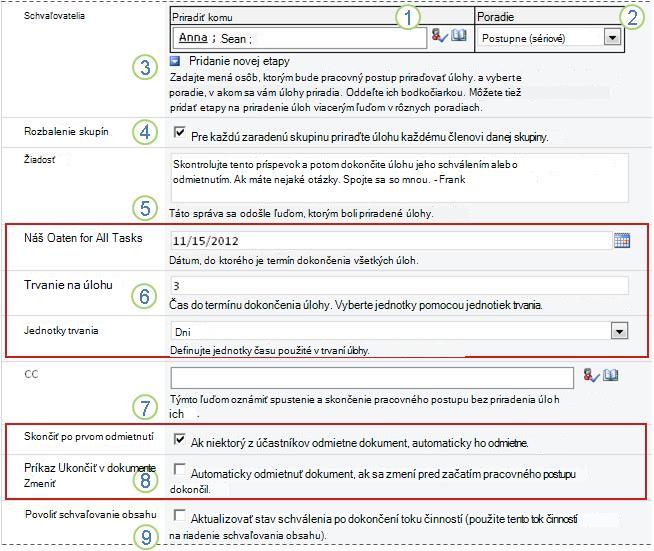 Predvolené hodnoty pridania pracovného postupu s vyvolanými poľami