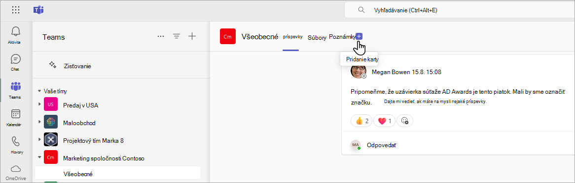 Pridanie novej karty v aplikácii Teams pomocou URL adresy SharePointu.