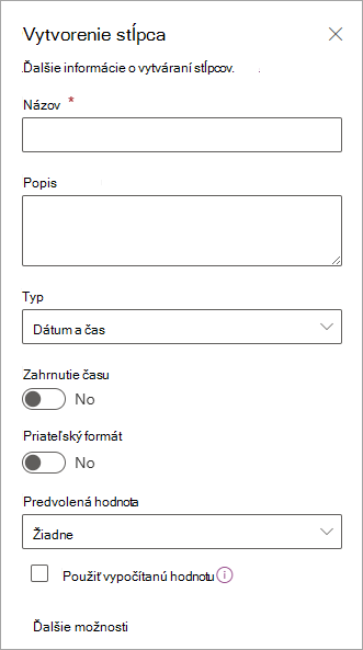 Snímka obrazovky s panelom Vytvoriť stĺpec, pomocou ktorého môžete pridať stĺpce do zoznamov.