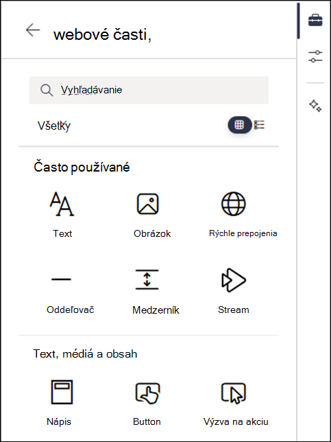 Webové časti uvedené na paneli s nástrojmi úrovne 2