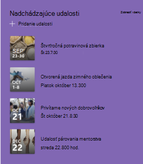 Snímka obrazovky webovej časti Udalosti