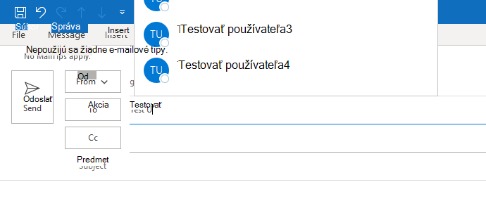 Obrázok zobrazuje automatické dokončovanie pre Outlook. Automatické dokončovanie je viditeľné len čiastočne.