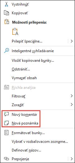 Obrázok kontextovej ponuky Excelu po kliknutí pravým tlačidlom myši