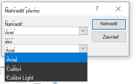 Obrázok dialógového okna Nahradenie písma v PowerPointe. Zobrazí sa rozbalené rozbaľovacie pole S.