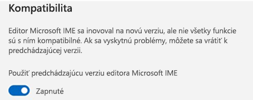 Snímka obrazovky sekcie kompatibility editora Microsoft IME