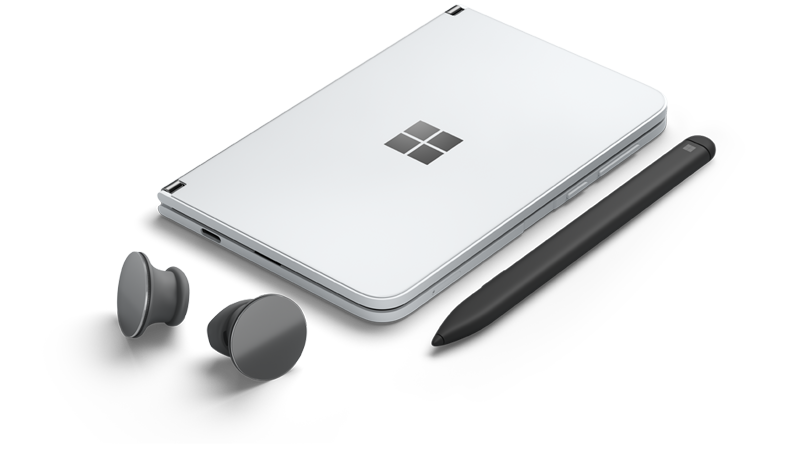 Surface Duo so slúchadlami Surface Earbuds a perom Surface Slim Pen