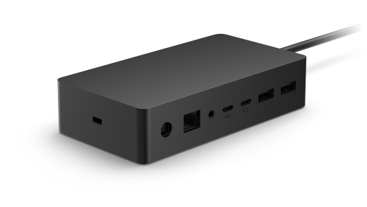 Zobrazuje Surface Dock 2 s bezpečnostným zámkom, napájaním, ethernetom, zvukovým a USB portom