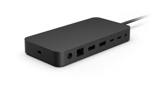 Zobrazuje zadnú a bočnú stranu doku Surface Thunderbolt 4 spolu s jeho portmi.