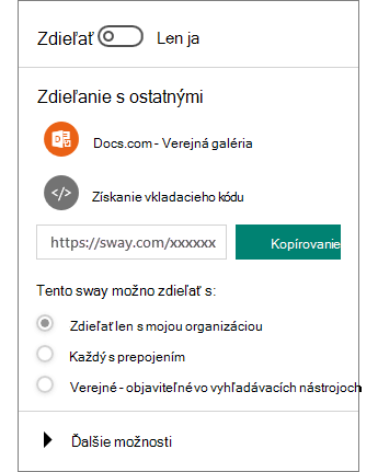 Snímka obrazovky s tablou zdieľania Swaya.