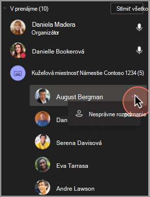 Snímka obrazovky s postupom odstránenia nesprávnej identifikácie účastníka.