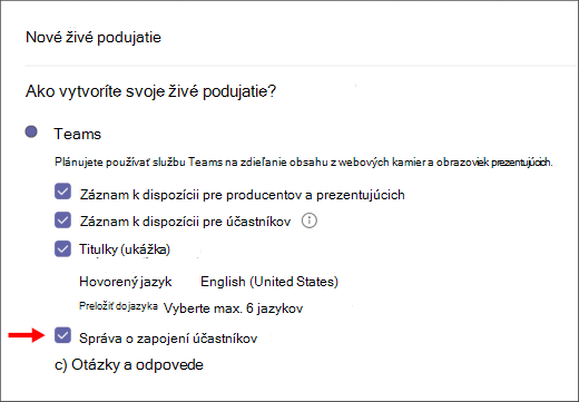 Obrazovka začiarkavacieho políčka správy o zapojení účastníkov