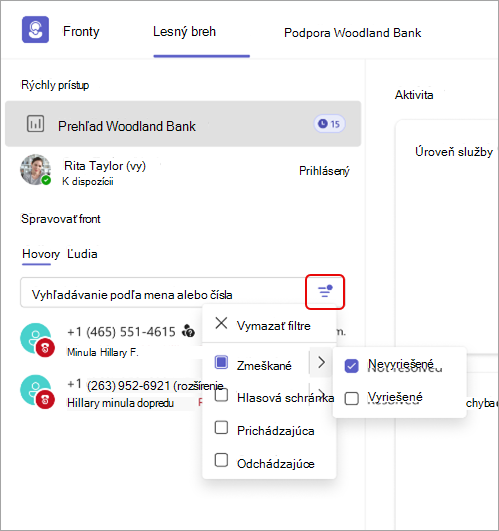 Snímka obrazovky zobrazujúca podrobnosti filtra hovorov v aplikácii Fronty.