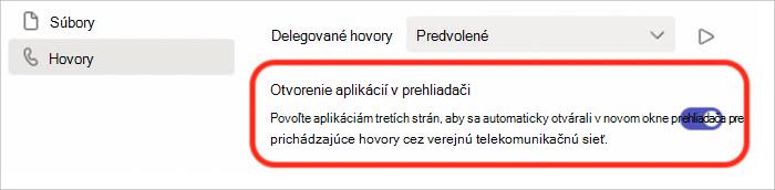 Snímka obrazovky s nastaveniami na zapnutie alebo vypnutie odpovedania na hovory v kontextovom okne prehliadača.