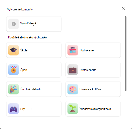 Snímka obrazovky s tlačidlami na vytvorenie komunity so šablónou alebo bez šablóny v komunitách v aplikácii Microsoft Teams (zdarma).