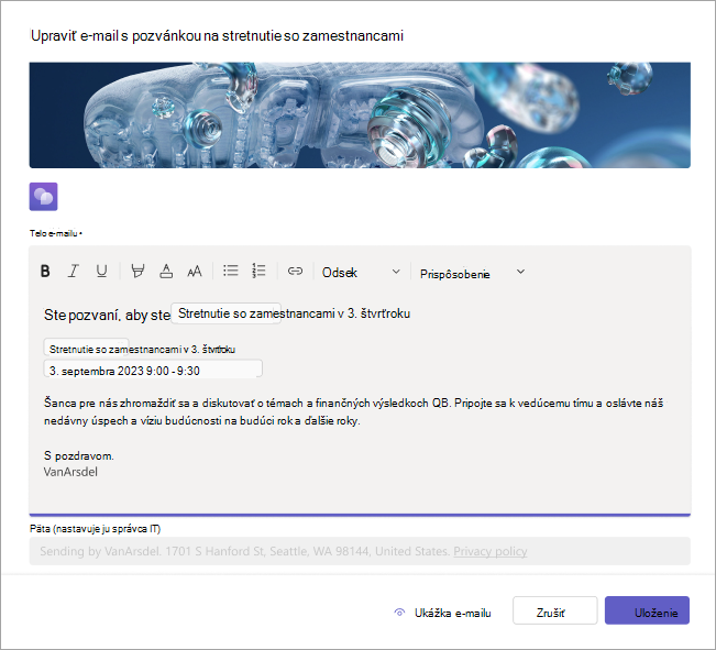 Snímka obrazovky zobrazujúca postup úpravy e-mailových pozvánok na stretnutie so zamestnancami