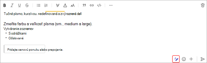 Snímka obrazovky zobrazujúca možnosti formátovania chatovej správy