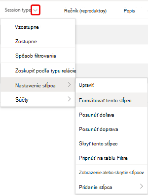 Možnosť ponuky Formátovať tento stĺpec