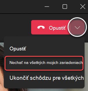 Snímka obrazovky s rozbaľovacím zoznamom Odísť zo schôdze v aplikácii Teams pre počítače.