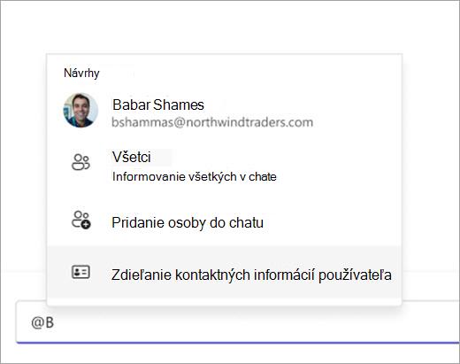 Snímka obrazovky zobrazujúca, ako vyvolať kontakt na zdieľanie pomocou @mention.