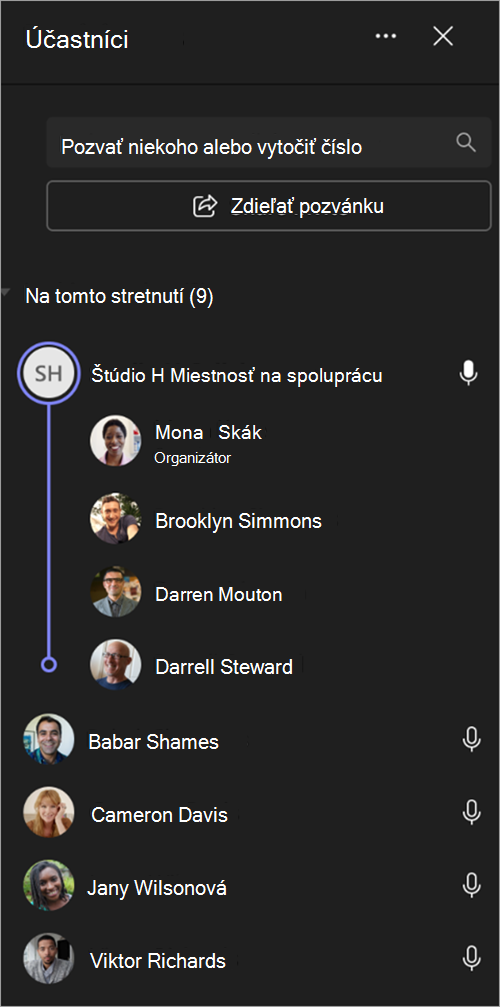 Snímka obrazovky zobrazujúca zoskupenie účastníkov schôdze v zozname