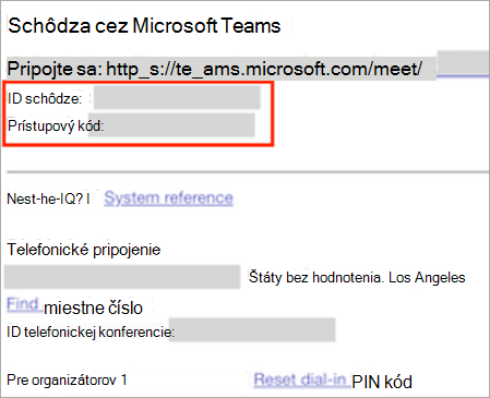 Snímka obrazovky zobrazujúca novú pozvánku na schôdzu cez Teams so zvýrazneným ID schôdze a prístupovým kódom.