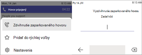 Snímka obrazovky zobrazujúca proces vyzdvihnutia zaparkovaného hovoru.