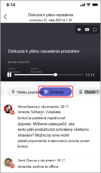 Zobrazenie zmienok o menách v rekapitulácii schôdze v Teams.