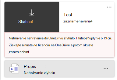 Snímka obrazovky chiclet záznamu, ktorá označuje, že nahrávanie záznamu zlyhalo.