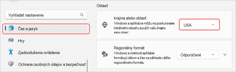 Miestne nastavenia v zariadení s Windowsom.