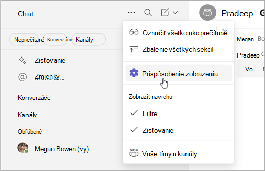 Snímka obrazovky znázorňujúca spôsob prispôsobenia zobrazenia v jednoduchej spolupráci