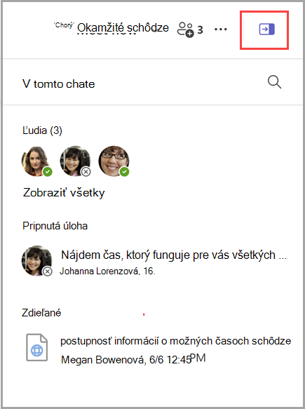 Snímka obrazovky s postupom odkrytia tably s informáciami o chate, ktorá obsahuje zoznam 3 ľudí, 1 pripnutú správu a 1 zdieľaný dokument.