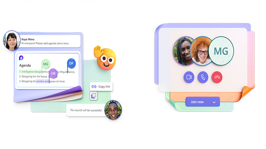 Animovaná ilustrácia okien chatu a emoji v Teams.