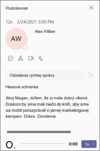 Obrazovka s podrobnosťami o hlasovej schránke v aplikácii Teams