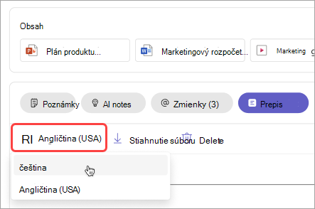 Snímka obrazovky znázorňujúca spôsob zmeny jazyka prepisu v rekapitulácii schôdze.
