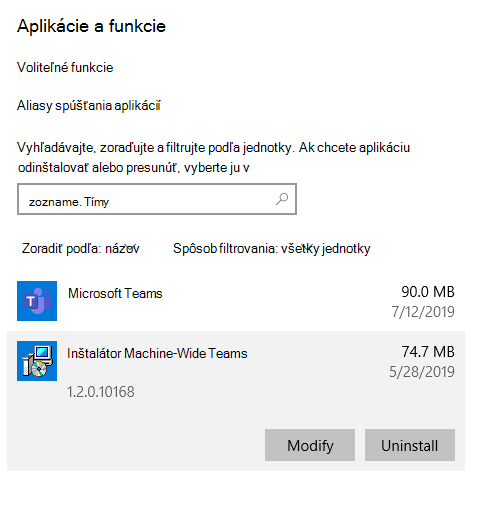 Krok v procese odinštalovania služby Teams z Windowsu