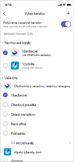 Obrazovka Vybrať kanály v aplikácii Vysielačka.