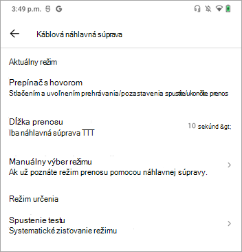 Nastavenia režimu hovoru prepínača vysielačky