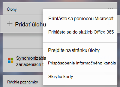 Snímka obrazovky zobrazujúca možnosť Prihlásiť sa pomocou služieb Microsoft alebo Office 365 na karte Ďalšie úlohy Ponuka Viac
