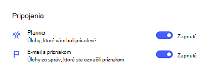 Snímka obrazovky s pripojeniami v nastaveniach s Plannerom a e-mailom s príznakom zapnutou