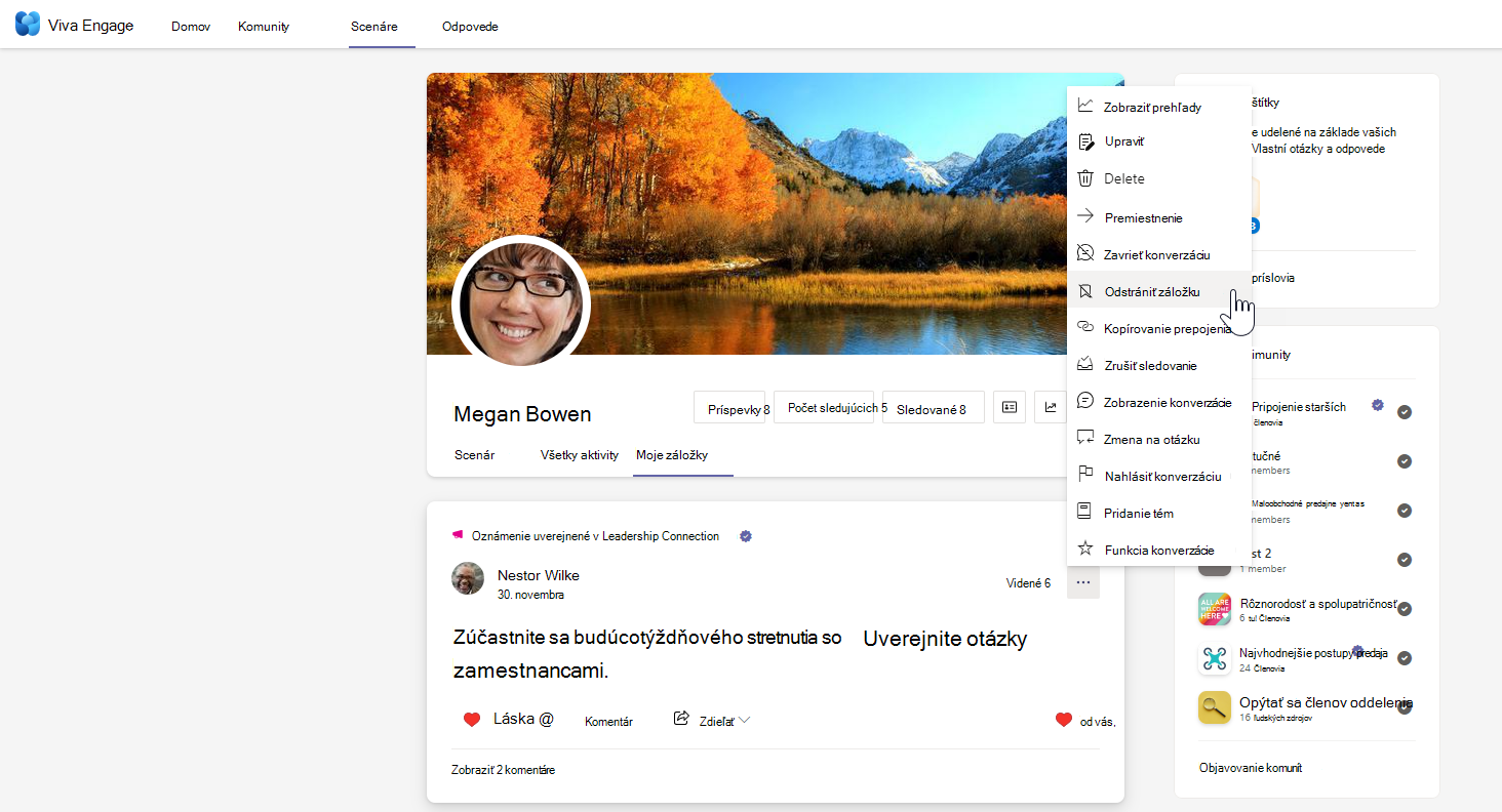 Snímka obrazovky s konverzáciou v službe Viva Engage s otvorenou ponukou Ďalšie možnosti.