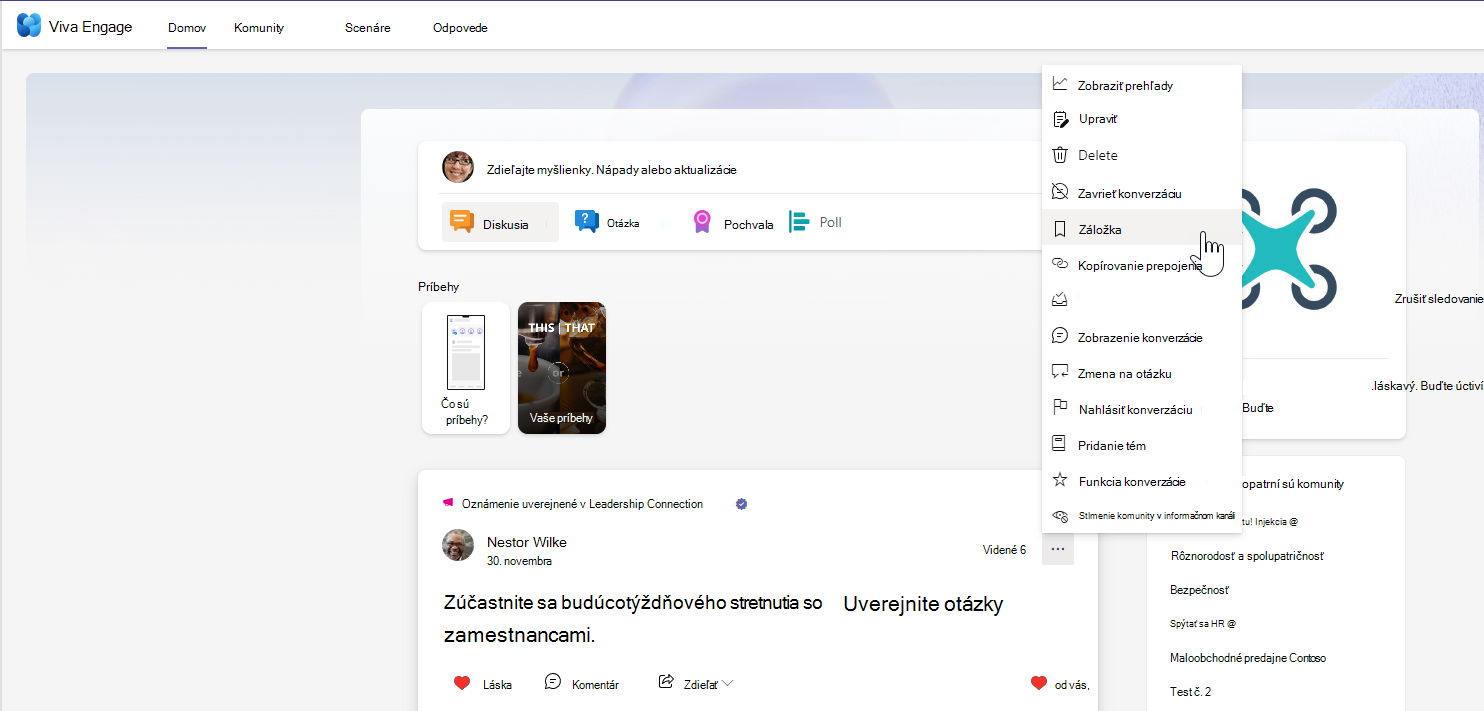 Snímka obrazovky s konverzáciou v službe Viva Engage s otvorenou ponukou Ďalšie možnosti.